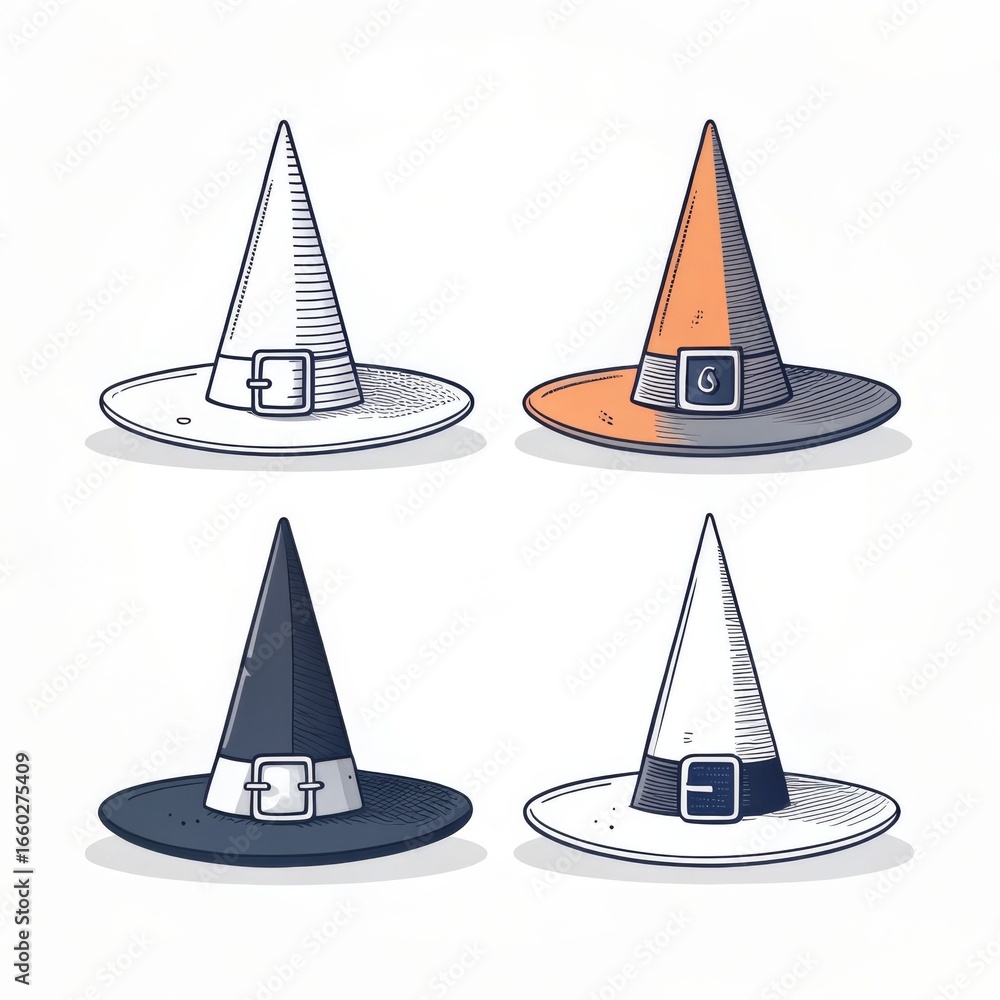 Poster a collection of four cartoon witch hats in different colors and styles isolated on a white backgroun