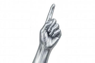 Silver metallic hand gesturing upward with raised index finger, symbolizing guidance, pointing direction against transparent backdrop