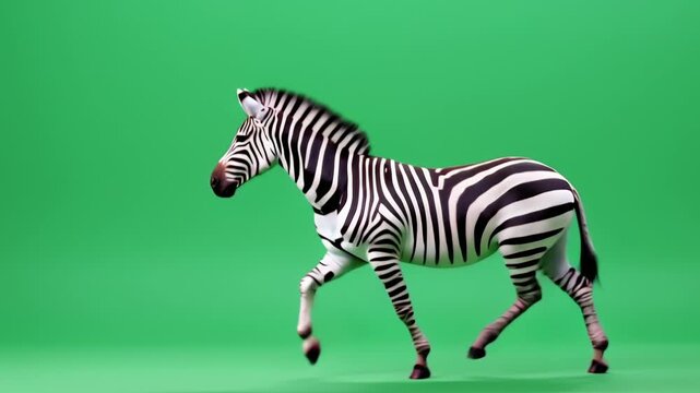 Animated zebra trots gracefully across a vibrant green screen background for your project