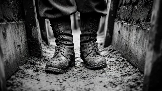 Mud-Caked Boots in a Trench - A close-up, black and white video shows a pair of muddy combat boots standing in a trench. The boots are caked in mud, emphasizing the harsh conditions.