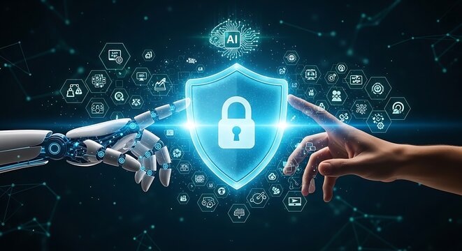 Human and robotic hand reaching for a secure digital shield with padlock