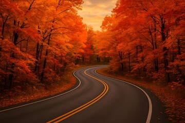 Naklejka premium Road Winding Through Autumn Forest 