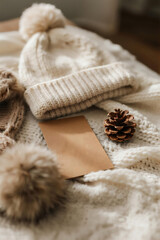 pine cone hat table fabric cloth Festival Winter Decoration Snow frame photos greeting cards mockup photo E-commerce marketing poster Background shooting scene