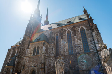 Gothic cathedral of St. Peter and Paul rising above Brno’s skyline. Historic Christian church and...