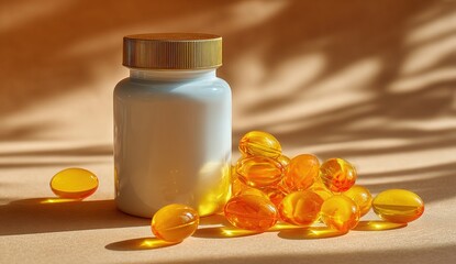 White pill bottle next to scattered amber capsules bathed in warm sunlight, with leaf shadows