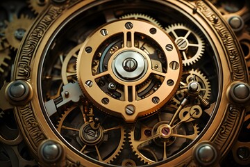 Fototapeta premium High-resolution close-up of a steampunk clockwork mechanism featuring intricate brass gears, cogs, and polished metal textures with dramatic Victorian-inspired lighting to evoke mecold watch mechanism