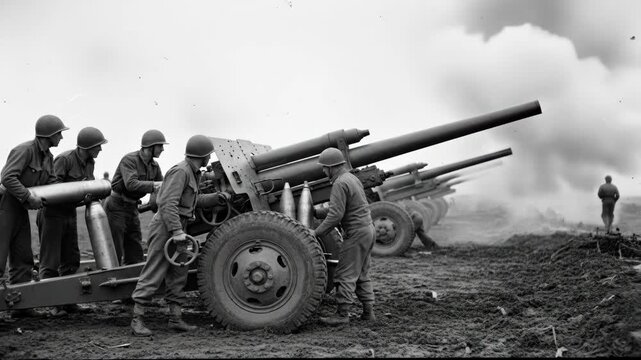 Artillery Crew Firing Heavy Cannons - A black and white video depicting soldiers loading and firing heavy artillery cannons during wartime.