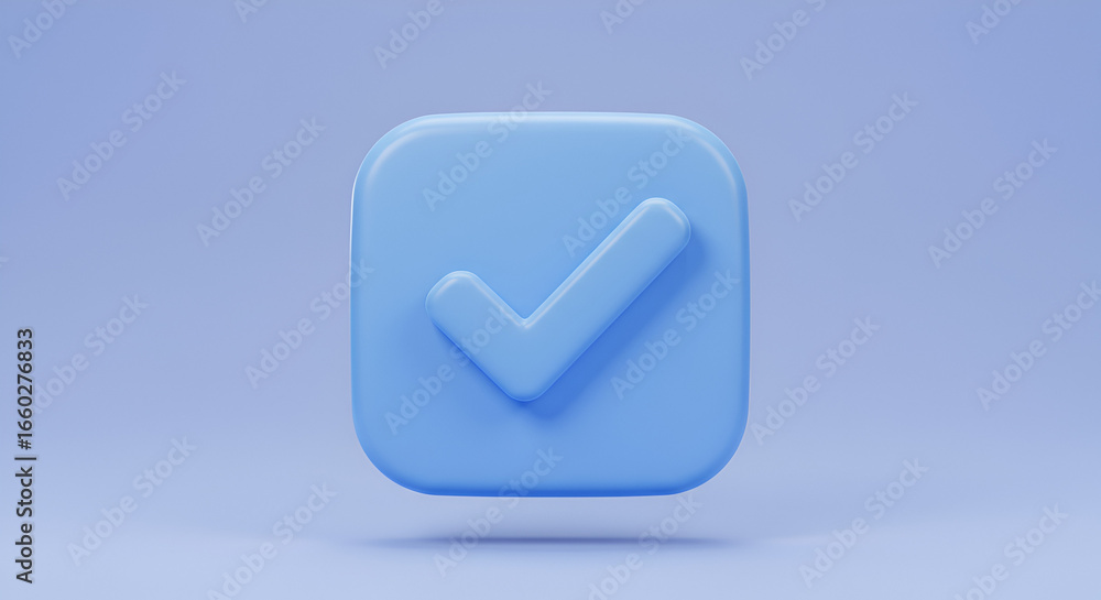 Poster 3d rendering of a blue check mark inside a rounded square on a light blue backdrop
