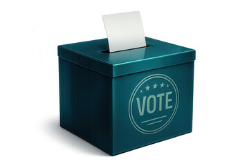 Ballot is entering a metallic vote box on transparent background, concept of voting and election