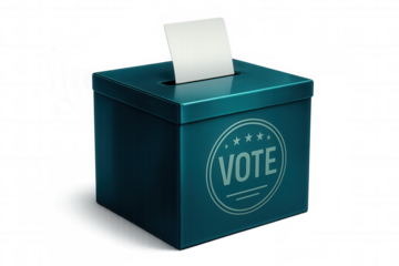 Ballot is entering a metallic vote box on transparent background, concept of voting and election