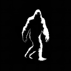 Cryptid in the shadows A fleeting glimpse of Bigfoot in a dark forest outlined in crisp white