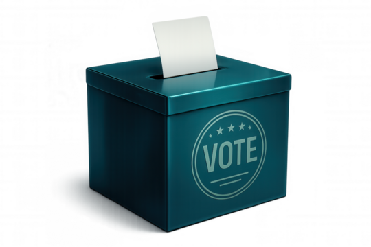 Ballot is entering a metallic vote box on transparent background, concept of voting and election
