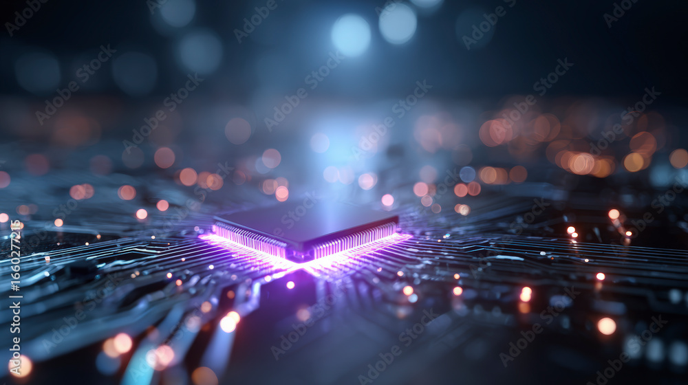 Poster glowing computer chip on a circuit board with illuminated connections and purple lights, representin