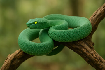 Obraz premium A beautiful green pit viper snake with striking yellow eyes, coiled on a tree branch in a natural environment