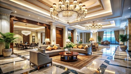 luxurious hotel lobby with chandelier, marble flooring, and modern seating.