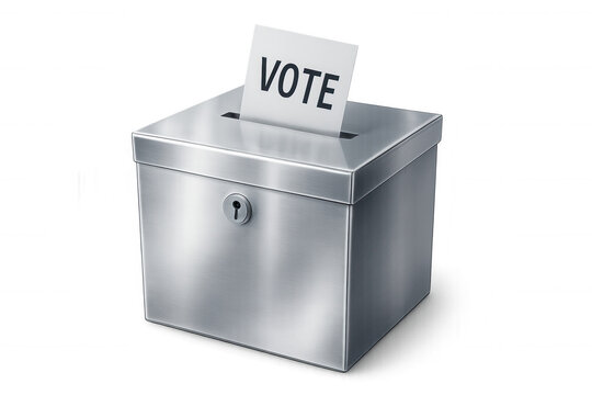 Transparent background highlighting silver ballot box collecting voting slip during electoral process
