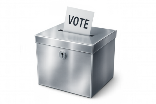 Transparent background highlighting silver ballot box collecting voting slip during electoral process