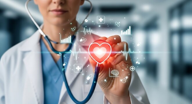 Female doctor with stethoscope touching heart rate graphic in hospital