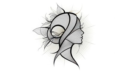 Abstract line art portrait of a woman s profile with intricate wavy patterns and delicate sketchy elements