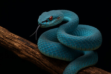 Obraz premium A stunning blue insularis viper snake with intense red eyes and a forked tongue coiled on a branch against a dark background