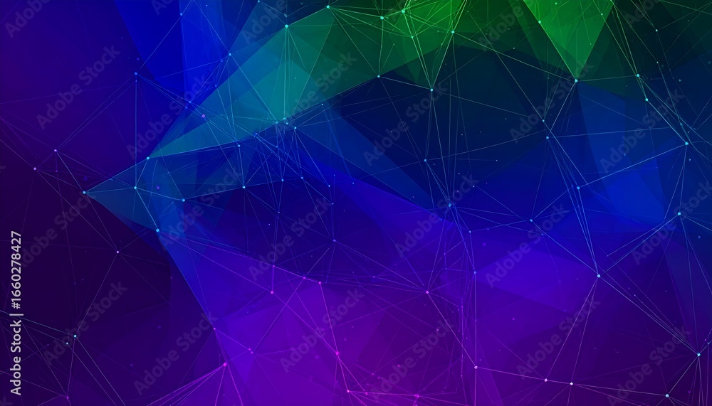 Poster a vibrant, digital design showcases interconnected polygons and points of light, filled with a mix o