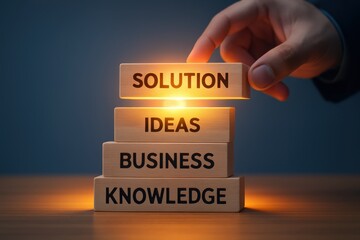 Creative problem solving with wooden blocks representing knowledge business ideas and solutions