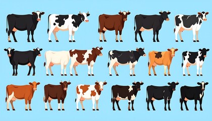 A collection of various cow breeds displayed in a simple, cartoon-style illustration against a light blue backdrop.