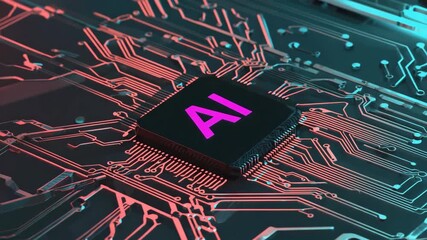 microchip on digital motherboard, glowing with blue neon light. CPU processing data - Powered by Adobe