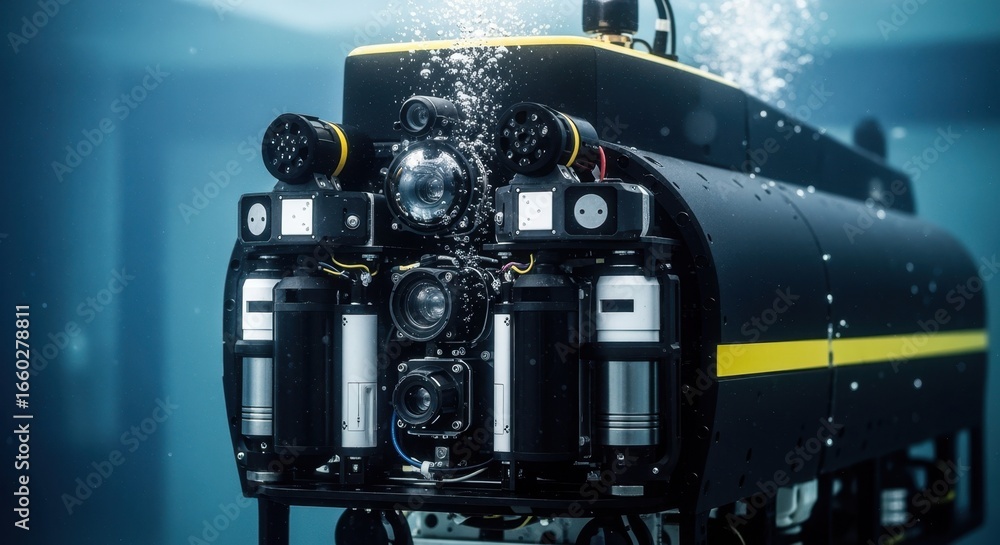 Poster closeup of advanced sensors on an auv as it is tested in a pressurized water tank ensuring reliabili