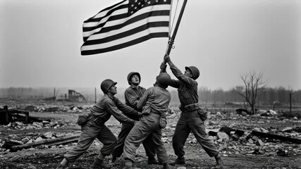 Soldiers Raising American Flag on Battlefield - Four American soldiers in uniform raise the United States flag on a war-torn battlefield. - Powered by Adobe
