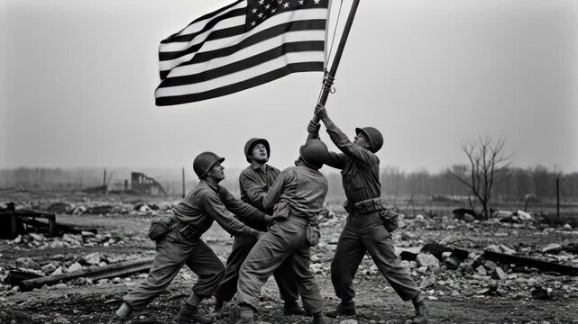 Soldiers Raising American Flag on Battlefield - Four American soldiers in uniform raise the United States flag on a war-torn battlefield.