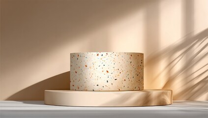 Cylinder display podium with terrazzo pattern and shadows.