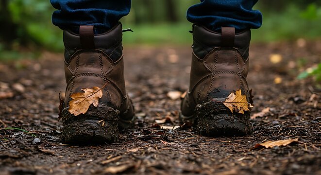 Close-up of a hiker's muddy boots with autumn leaves stuck to the heels on a forest path. - Powered by Adobe