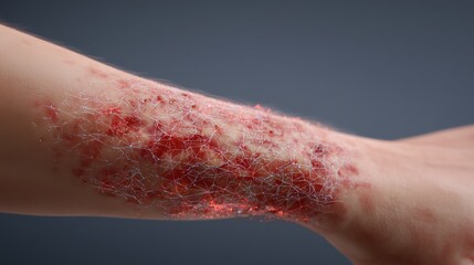 National Eczema Week. 3D medical rendering of eczema rash on human arm skin, detailed pores, redness, irritation, scientific visualization