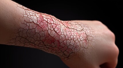 National Eczema Week. Ultra-detailed 3D medical render of eczema on forearm skin, cracked dry surface, redness, realistic pores and texture