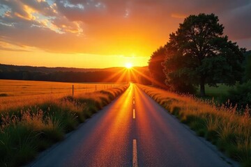 Obraz premium Golden rays illuminate a quiet country road at dawn, stretching towards a vibrant sunrise Serene landscape, perfect for travel, nature, and peaceful morning imagery , agriculture, farm, rays