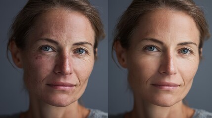 National Eczema Week. Ultra-realistic split screen comparison photo, left side: adult face with eczema symptoms, right side: same face with healthy clear skin after treatment