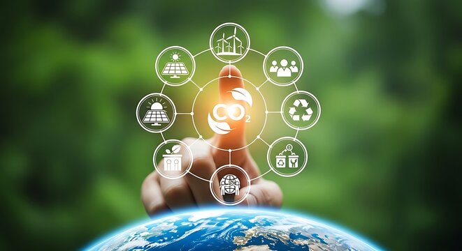 hand touching globe with eco friendly icons and connections