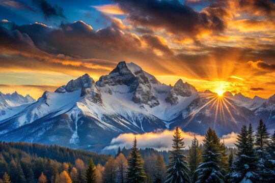 Majestic snowcapped mountains at sunset, with golden light piercing through the clouds, creating a breathtaking landscape