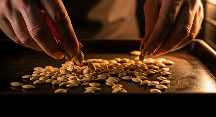 Golden pumpkin seeds carefully arranged on a dark baking tray, hands gently placing them, creating a warm, inviting autumnal scene. Preparing a delicious snack.