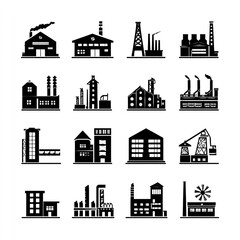 Representing Industrial Might Sixteen Factory Silhouettes Against Clean White Backdrop in High
