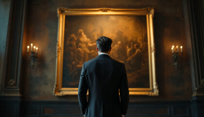 Obraz premium Rear-view of stylish tourist admiring a painting in a historic, elegant museum. 