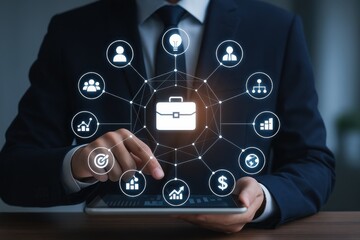 Businessman using digital tablet for business management with modern technology and strategy for