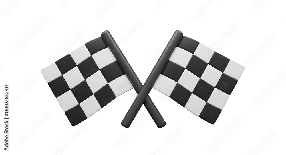 Poster 3d rendering of crossed finish line flags on a white background creating a sense of victory