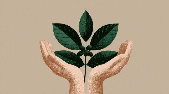 Hands holding green plant with leaves on neutral background. Fair Trade Month