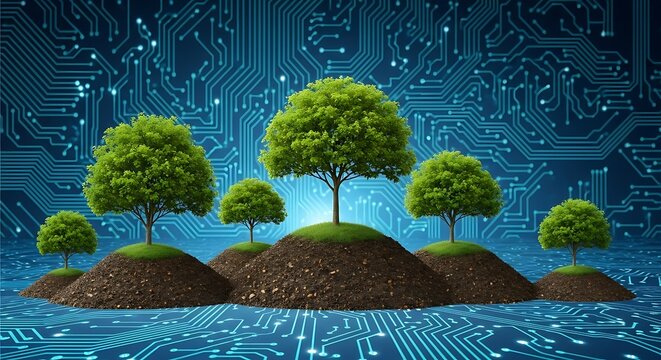 Green trees on small islands in digital circuit background
