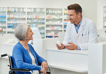 Pharmacist advising senior patient in wheelchair