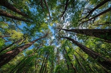 Fototapeta premium Looking up through a dense canopy of towering trees towards patches of a bright, blue sky. Lush foliage and trunks