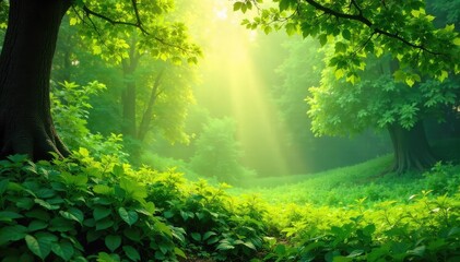 Serene Sunlight Bathes Lush Green Landscape, Evoking Calm and Tranquility; Ideal for Relaxation, Nature, and Wellness Themes; Perfect for Websites, Blogs, and Presentations.