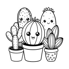 cute cactus and succulents coloring page line art vector